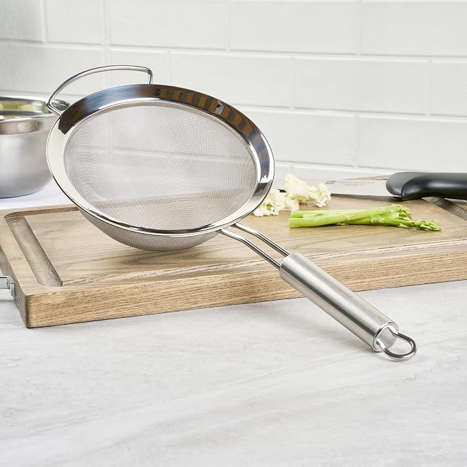 Restaurantware 17 in Stainless Steel Fine Mesh Strainer - German Standard Sieve Sifter with Ergonomic Handle, Dishwasher Safe - Reinforced Metal Food Strainer for Quinoa, Soup, Sauce, Baking