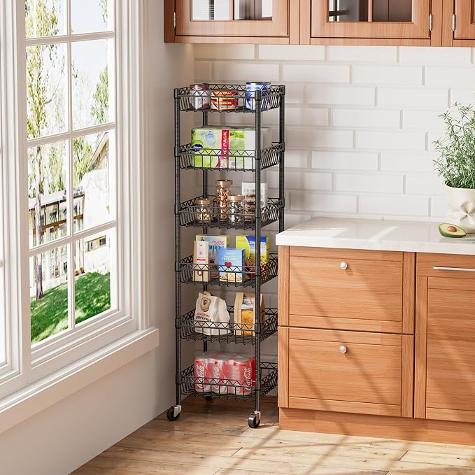 Golpart 6 Shelves Storage Shelf Wire Closet Bathroom Organizers Metal Pantry Kitchen Garage Shelving Unit Laundry Room Organization Home Rack Net Basket Black with Wheels 14" Dx14 Wx64.8 H