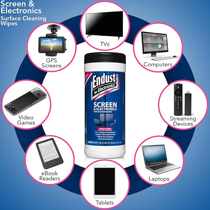 Endust For Electronics; Screen & Surface Cleaning Wipes, For TV, Phone, Computer Monitor, Laptop, Tablet, Pre-Moistened, Alcohol and Ammonia Free, 70 Count, 6 Pack (11506P6)