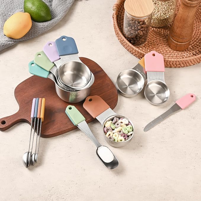 Magnetic Measuring Cups & Spoons Set 15, Stainless Steel Measuring Cups and Spoons Set, Color Heavy Duty Metal Measuring Cups&Spoons Set w/Leveler & Measure Equivalents for Cooking & Baking