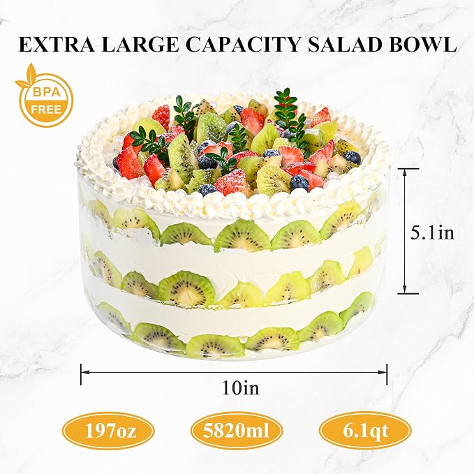 Glass Trifle Bowl with Airtight Lid, 197oz Large Salad Bowl, Glass Serving Bowl for Popcorn, Cake, Salad, Fruit, Baking, Dessert and Party Diy, BPA Free, Oven, Dishwasher Safe