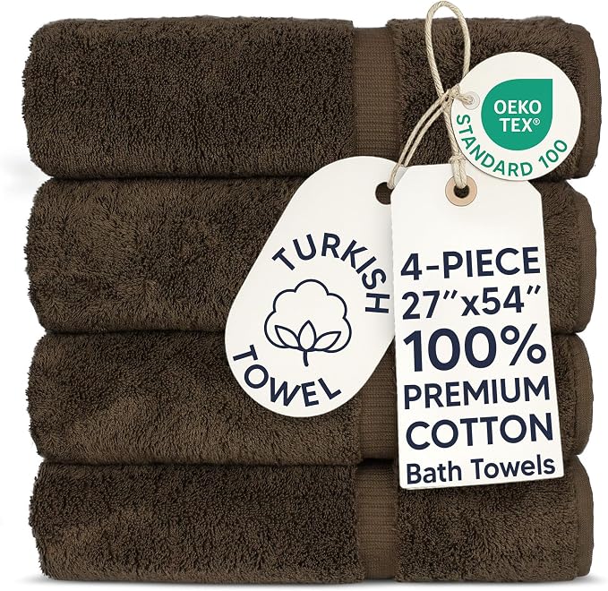 Chakir Turkish Linens 4 Piece Large Bath Towels, 100% Cotton Turkish Towels for Bathroom, Luxury Soft Absorbent Bath Towel Set, 27 x 54 Inches, Cocoa