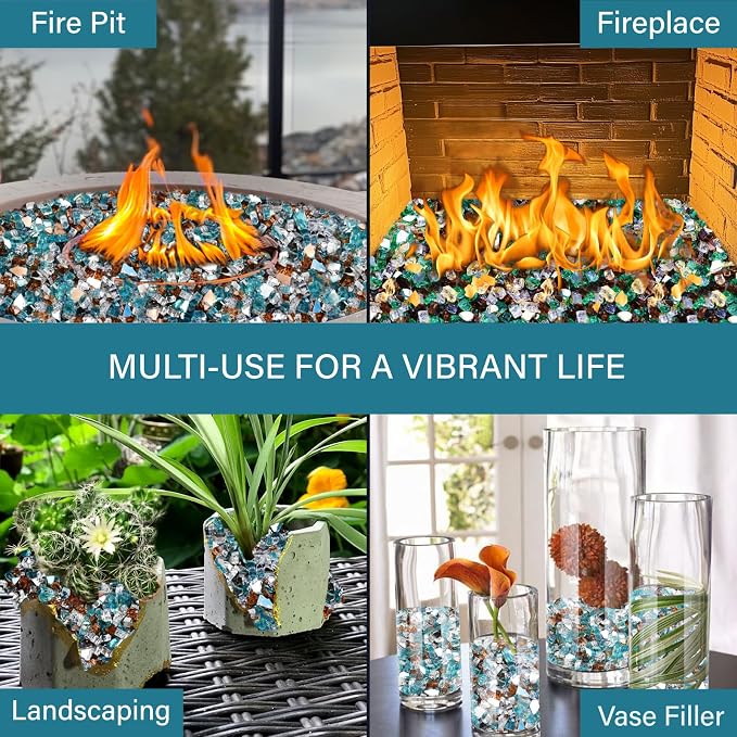 NUPICK 10 Pound Fire Glass, 1/4 Inch Reflective Fire Pit Glass | Fire Pit Rocks for Propane or Natural Gas, Glass Rocks for Fire Pit Table, Fireplace, Aqua Blue & Copper & Platinum Mix