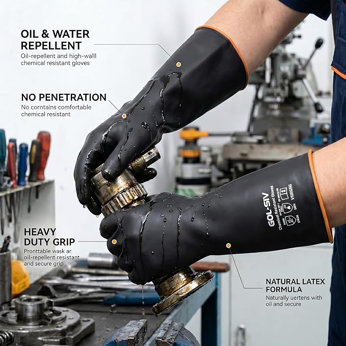 Industrial Chemical Resistant Work Gloves, 14 Inch Heavy Duty Black Latex PPE, Waterproof Acid/Alkali Proof with Non-Slip Grip for Janitorial & Cement Mixing, 2 Pairs