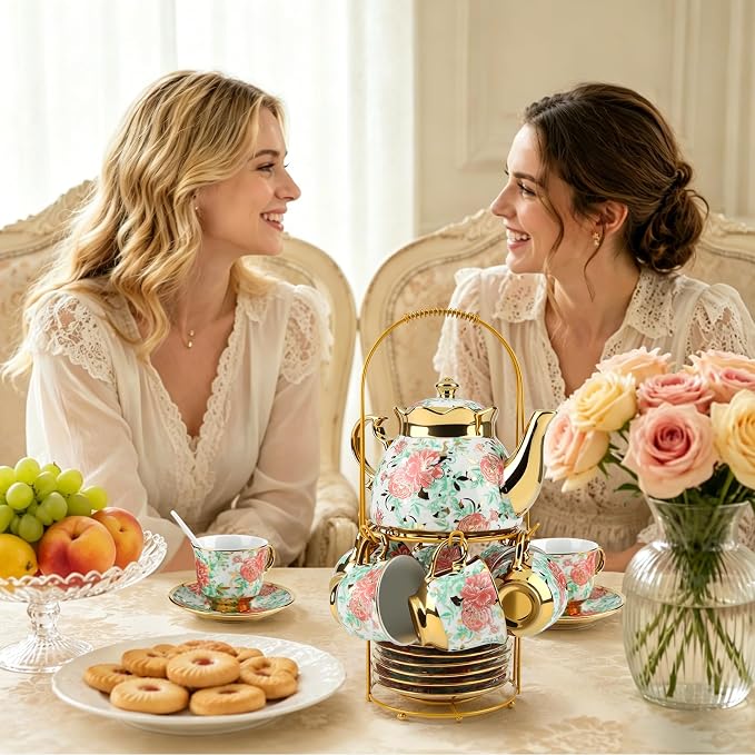20 Piece Porcelain Tea Set with Metal Holder European Floral Pattern Tea Pot Tea Cup Tea Saucer Teaspoon for Women Adult Tea Party Large Version