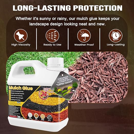 Mulch Glue - 32 OZ Rubber Mulch for Landscaping, Pet Safe Rock Glue | Ground Coverage Gravel Glue, Stone Sealer, Mulch Adhesive for Pathway, Patio, Plants, Fast Dry Non-Toxic No Mixing Required