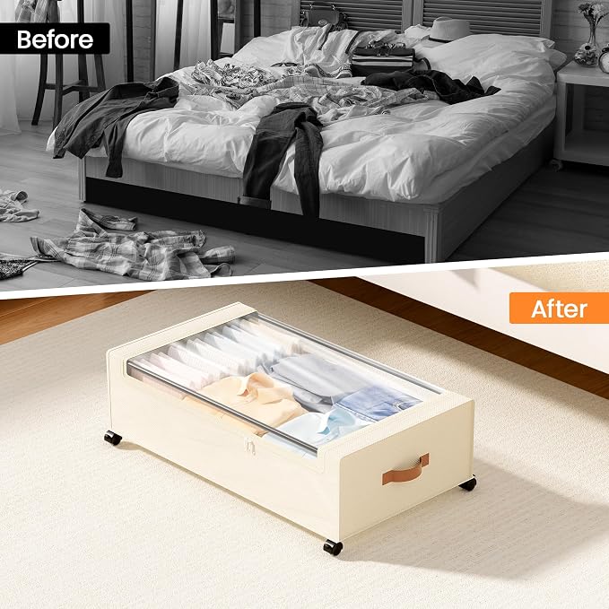 Yecaye 82L Under Bed Storage Containers, Fits 9.4" Under Bed, 2 Pack, Beige | XXL Capacity, 360° Rolling Wheels, Sturdy Metal Frame, Clear Window & Label, Storage Bins for Clothes, Shoes, Blankets