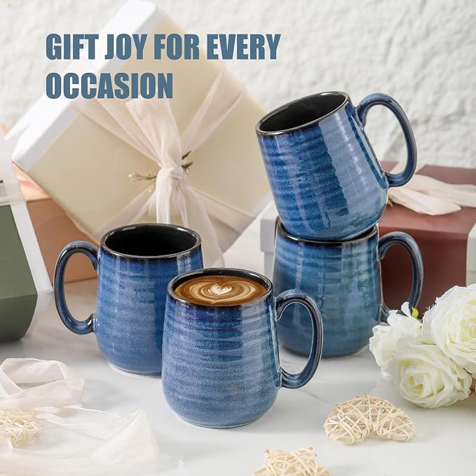 HASENSE Coffee Mugs, 12 Ounce Ceramic Coffee Mug Set of 6, Reactive Glaze Tea Cups with Handle for Milk, Hot Cocos, Latte, Stylish Blue Cup Gift for Man and Women, Dishwasher and Microwave Safe