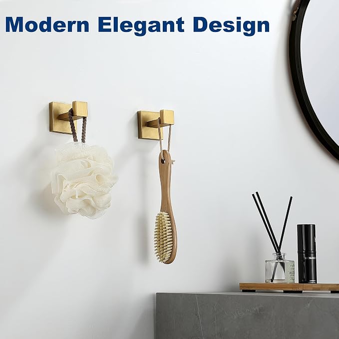 Towel Hooks for Bathrooms, Brushed Gold Towel Hook for Kitchen Bathroom, SUS304 Stainless Steel Coat Hook, Square Heavy Heavy Duty Robe Hooks for Hanging Towels,Coats,sponges,Wall Mount, 4 Pack