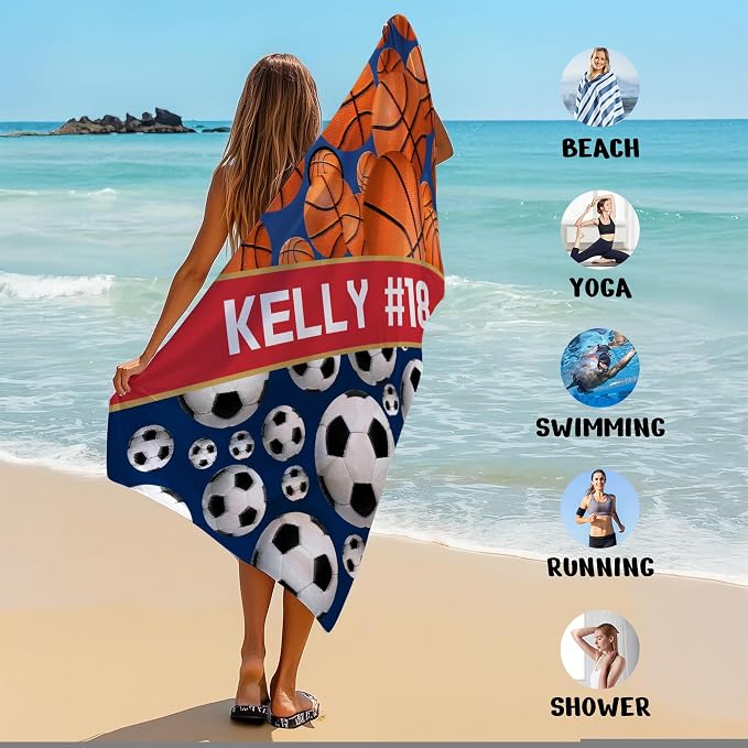 Personalized Beach Towel With Name, Custom Beach Towel with Text, Customized Basketball Football Microfiber Pool Towel, Quick Dry & Absorbent Swim Towel for Adult,Anniversary, Birthday, Summer Holiday