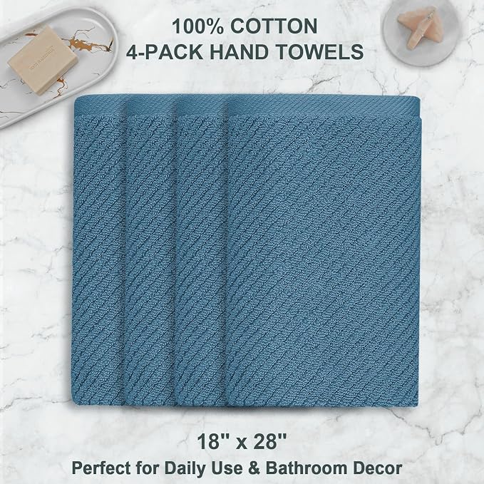 VOOVA & MOVAS Hand Towels 4PC, 100% Cotton, 18x28 in, Dark Blue | Thick, Quick Dry, Soft, Absorbent, Bath Hand Towels, Towel Gift Set, Great For Home, Guest Room, Travel