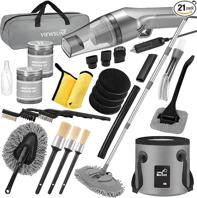 21Pcs Car Cleaning Kit with High Power Handheld Vacuum, Car Wash Mop with Long Handle, Bucket, Detailing Brush Set, Windshield Cleaner, Complete Interior Exterior Washing Supply for Men Women