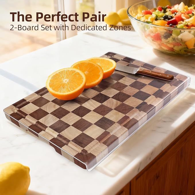 Checkered Cutting Board and Acrylic Cutting Board Set- 2-Piece Kitchen Board Set, Wood Checkerboard End Grain Chopping Boards with Juice Groove & Acrylic Board with Counter Lip