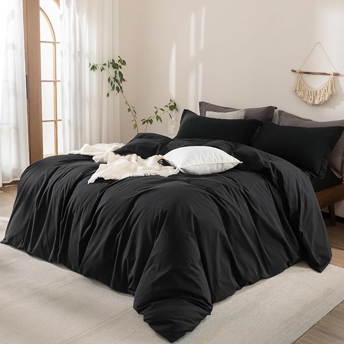 Black Duvet Cover California King Size 100% Washed Cotton Bedding Set Cover 1 Duvet Cover with Zipper Closure and 2 Pillowcases, 104inch x 98inch