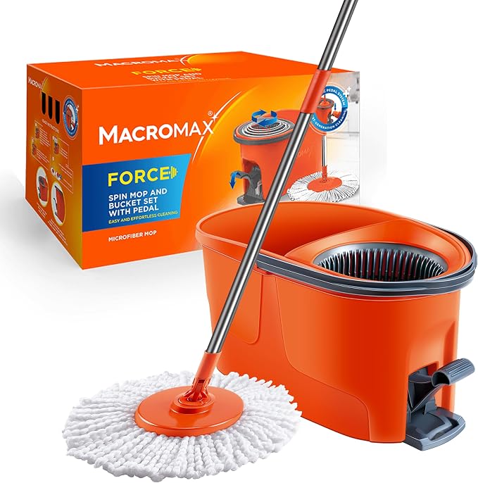 Macromax Force Spin Mop and Bucket Set – Pedal-Activated Wringer System – 360° Microfiber Mop for Floor Cleaning – Ergonomic Handle – Wet or Dry Use – Hardwood, Tile & Laminate