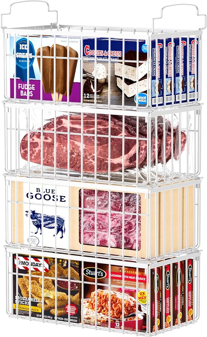 Freezer Organizer Bins, 4 Pack Big Baskets for 5/ 7 Cu.FT Deep Freezer | Stackable Chest Freezer Organizer Bins, Foldable Baskets with Handles, White Storage Container Baskets for Sort Frozen Meats