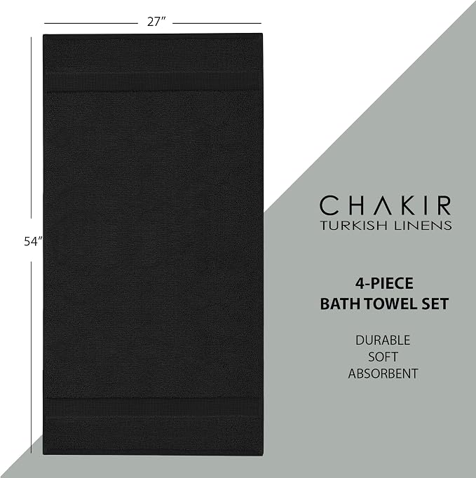 Chakir Turkish Linens 4 Piece Bath Towel Set, 100% Cotton Luxury Turkish Towels for Bathroom, Soft Absorbent Bath Towels, 27 x 54 Inches, Black