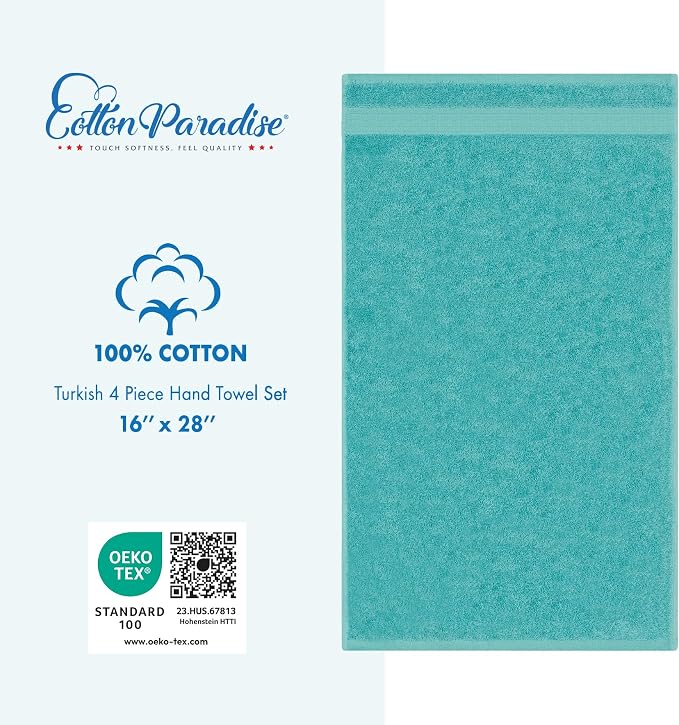 Cotton Paradise 100% Cotton Turkish Hand Towels, 4 Piece, Turquoise Blue