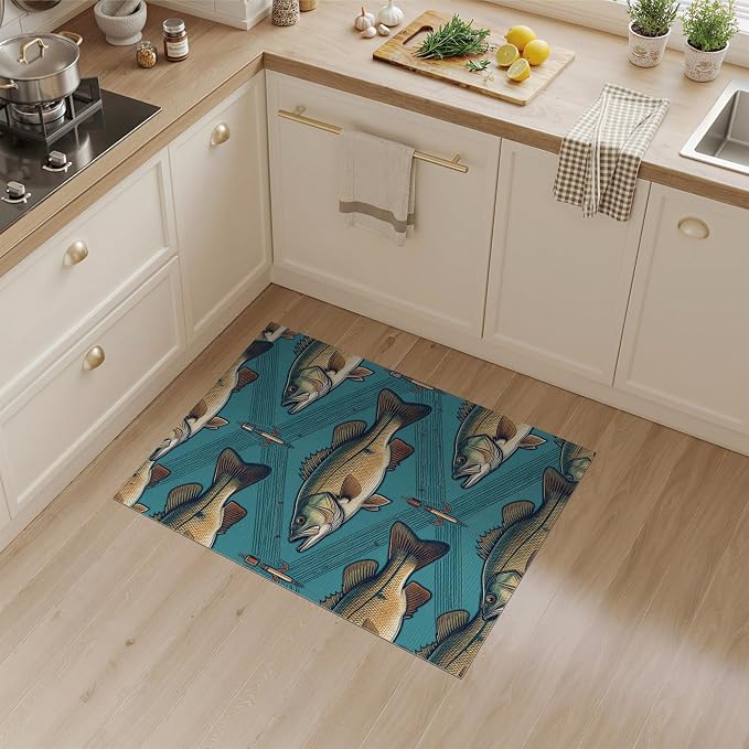 3'x5' Washable Area Rug Bass Trophy Catch Vintage Lure Spotted Tackle Motif Fish Fishing Refined for Entryway, Kitchen, Mudroom, Stain Resistant Flatwoven