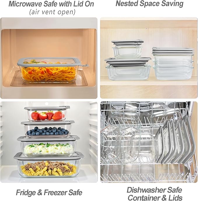 Glass Food Containers with Glass Lid, Microwave Safe Food Storage Container Set, 6 Pack, Large Size Airtight Storage Set with Leak Proof Lids, Meal Prep Containers