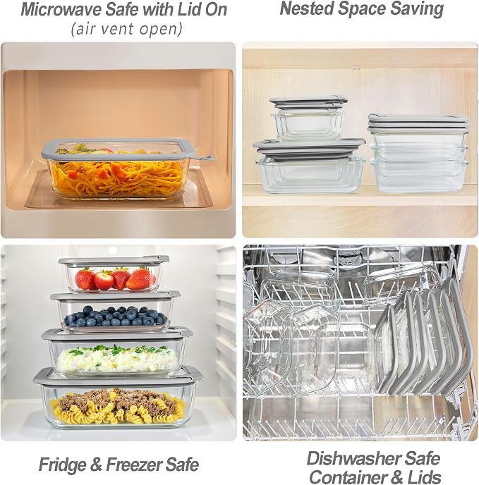 Glass Food Containers with Glass Lid, Microwave Safe Food Storage Container Set, 2 Pack of 50oz, Large Size Airtight Storage Set with Leak Proof Lids, Meal Prep Containers