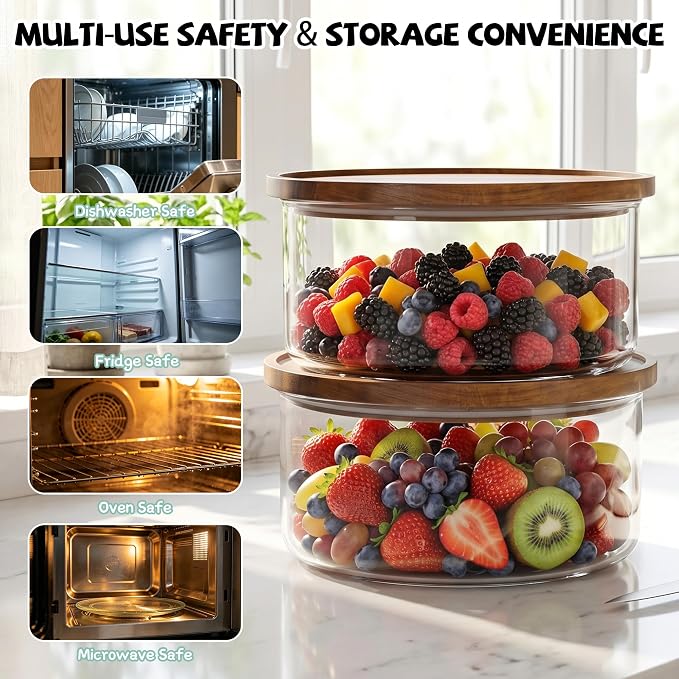 Jolitac 197oz Glass Trifle Bowl with Lid, Clear, 10 inch | Extra Large, Acacia Wood Airtight Lid, Thickened & BPA-Free, Modern Design, For Dessert Fruit Party Display