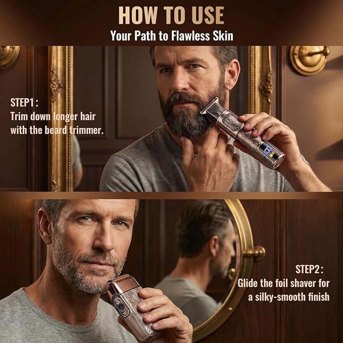Ufree Foil Shaver and Beard Hair Trimmer Set, Men Electric Razor，Mens Gifts | 6500-7500RPM Head Shavers for Bald, Zero-Gap, Type-C, LED Display, T-Blade Line Versatile for Mustache, Stubble & Crisp Edge