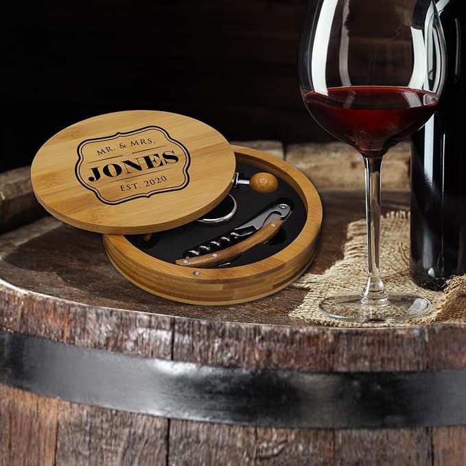 My Personal Memories Customized and Engraved Wedding Corkscrew Wine Opener Gift Set for Couples, Anniversary, Weddings - ROUND