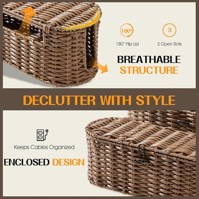FairyHaus Cable Management Box 2Pack Brown, Handwoven Large and Small Cable Organizer Box Cover to Hide Cords and Power Strip, Imitation Wicker Cord Organizer Box Hider for Office Desk and Floor