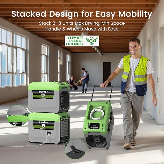 Waykar 150 Pints Commercial Dehumidifier with Pump & Drain Hose, 7,500 Sq. Ft LGR Industrial Dehumidifier for Basements, Job Site, Water Damage Restoration — Stackable & Durable, 5-Yr Coverage