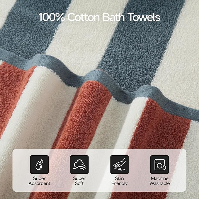 REDKISS 2 Pack Extra Large Striped Bath Towels, 31 x 63 Inches, 100% Cotton, Larger & Quicker to Dry, Super Soft and Highly Absorbent Towel, Perfect for Bathroom, Terracotta