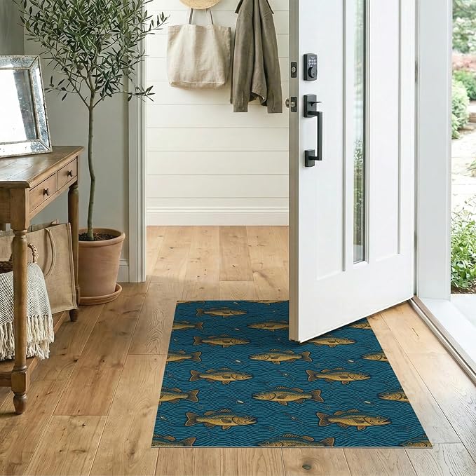 2'x3' Washable Area Rug Bass Sporting Tackle Lure Wave Motif Border Angler Fish Fishing Refined for Entryway, Kitchen, Laundry Room, Stain Resistant Thin Throw