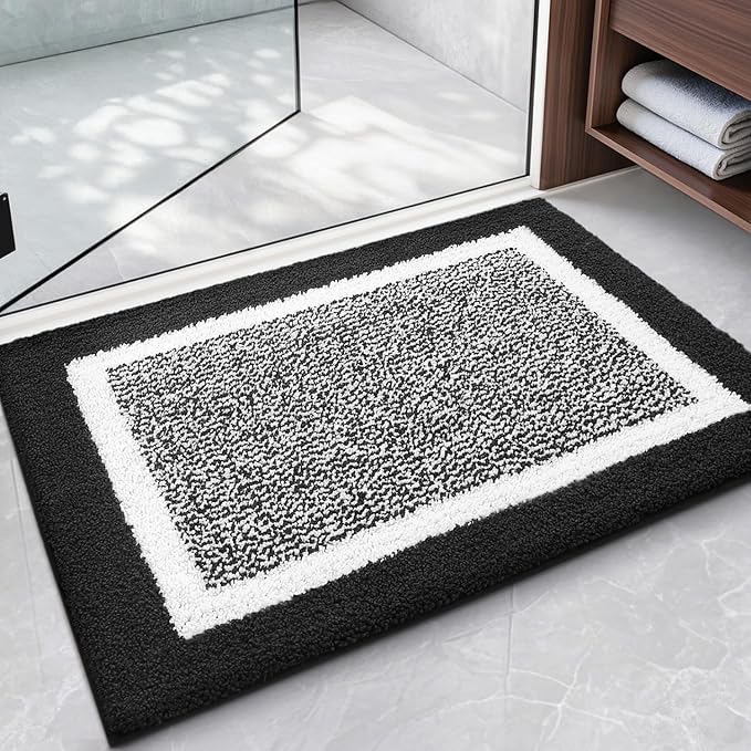 Color&Geometry Simple and Stylish Small Bath Mats for Bathroom Non Slip, 16"x24" Black and White Bathroom Rugs, Absorbent, Soft, Washable, Microfiber Bathmat Shower Mat Outside Shower