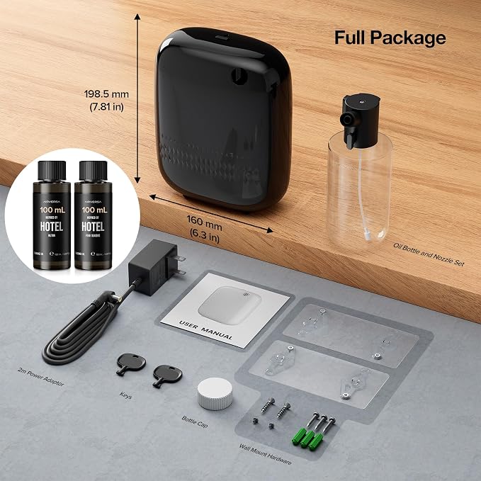 Smart Waterless Essential Oil Diffuser (400 mL Capacity) Hotel Scent Starter Kit with 200mL Fragrance Oil, Up to 2000 sq ft App Control Scent Air Machine with 12V1A Power Adapter, ANW Kit Black