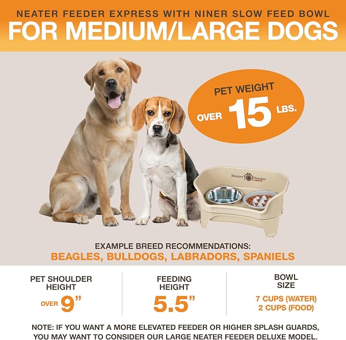 Neater Feeder Express Mess Proof Dog Bowls Elevated for Medium and Large Breed – Made in USA – No Spill Raised Slow Feeder Elevated Dog Bowl Stand, Slow Feed Food and Water Bowl Set, Almond