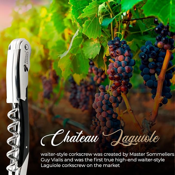 Chateau Laguiole Corkscrew - Luxury French Wine Opener Grand Cru Black Horn Handle with Leather Sheath & Gift Box
