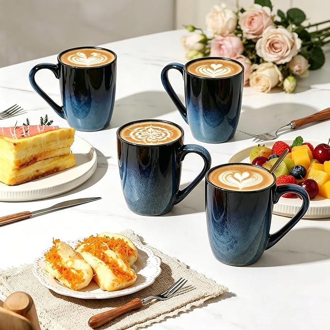 MONITO 14oz Ceramic Coffee Mugs Set of 6,Ice-Snow Blue Mugs with Handle | Perfect for Latte, Cappuccino, Tea & Cocoa, Ideal Reusable Drinking Cups for Home, Kitchen & Office Daily Use