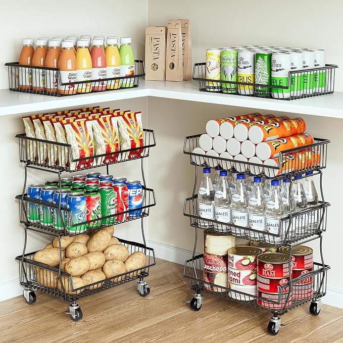 OKZEST Pantry Organizers and Storage Cart with Upgraded Metal Hub Casters | Fits under pantry shelf, Stackable fine-mesh wire baskets, 3-Tier rolling cart holds drink, snack, can, potato, onion, fruit