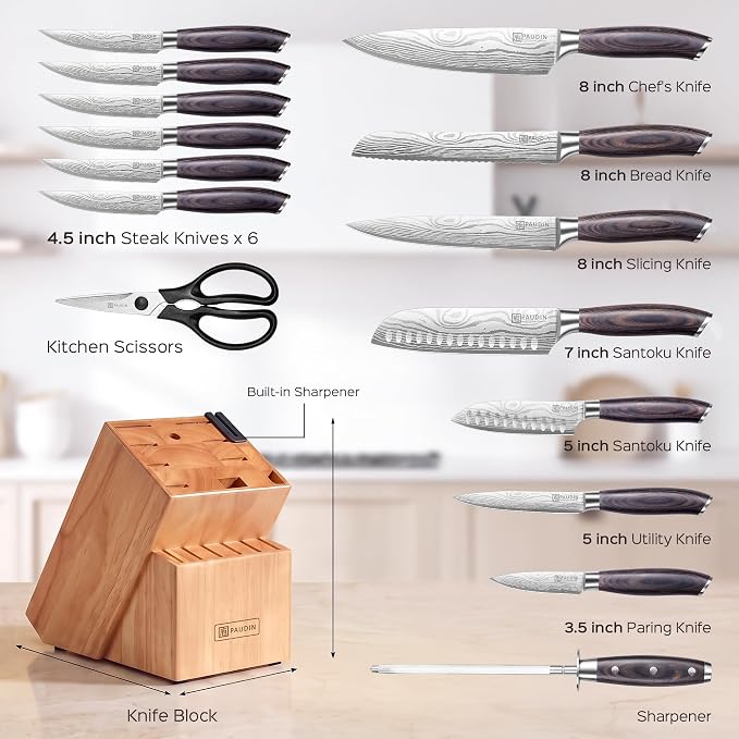 PAUDIN 17 PCS Kitchen Knife Set, Razor Sharp Knife Block Sets, Ideal Gifts | Elegant Kitchen Knife Set with Block, Knife Set with Built-in Sharpener, Dishwasher Safe