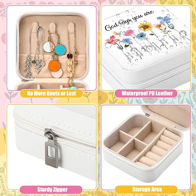 Kacctyen 12 Pieces Mini Travel Gift Jewelry Case Bulk God Says You Are Gifts for Women Christian with Flowers Mother's Day Church Gift for Secretary Day Birthday Inspirational Leather Jewelry Case