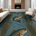 8'x10' Washable Area Rug Bass Lake Lure Tackle Reeds Border Motif Angler Fish Fishing Refined Structured for Living Room, Under Sectional, Family, Non-Slip Flatwoven