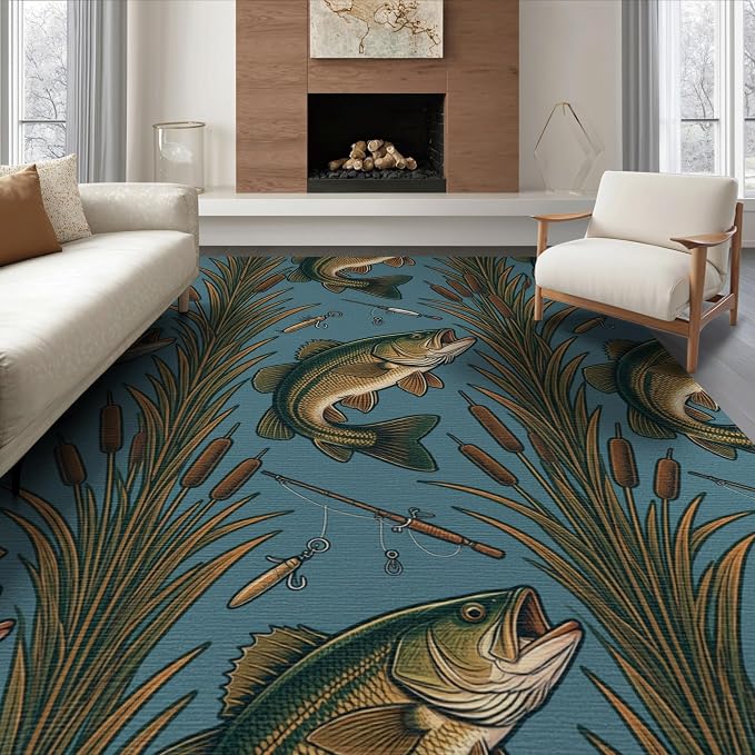 8'x10' Washable Area Rug Bass Lake Lure Tackle Reeds Border Motif Angler Fish Fishing Refined Structured for Living Room, Under Sectional, Family, Non-Slip Flatwoven
