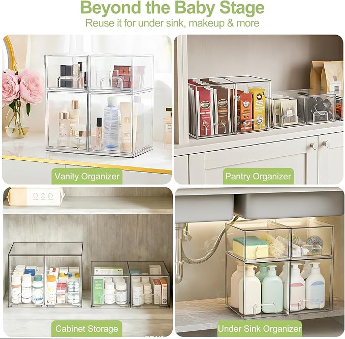 Baby Bottle Storage Organizer: Clear Stackable Storage Drawers, Acrylic Bottles Station Organizer Container for Countertop, Vanity, Bathroom, Cabinet Organization - 4 Pack