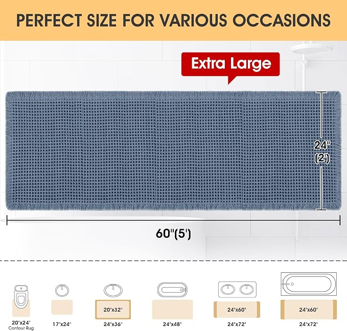 IM HOME Waffle Bath Mat Blue 5'x2', Boho Woven Modern Bath Mat Rugs, Absorbent Non Slip Bathroom Rugs, Soft Washable Bath Rugs with Tassels for Bathroom, Bedroom, Kitchen, Shower, Tub