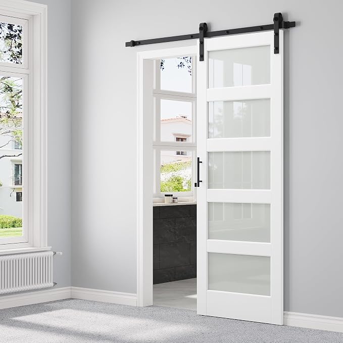 30" x 84" 5-Lites Frosted Glass Sliding Barn Door with 6FT Sliding Door Hardware Kit, Easy Assembly for Mortise and Tenon Structure, Water & Scratch Resistant MDF Barn Doors for Bathroom, Pre-Drilled