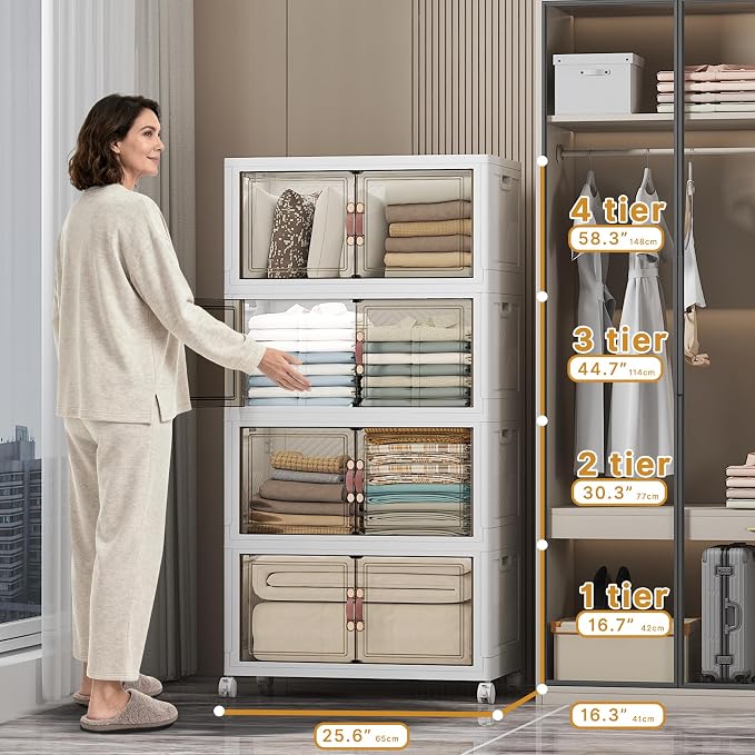 Stackable Storage Bins, 896QT Collapsible Drawers with 2 Lids | Large Capacity, Magnetic Door, Stack Lock, Rolling Wheels, Foldable Design, Organizers and Storage for Bedroom Dorm Garage