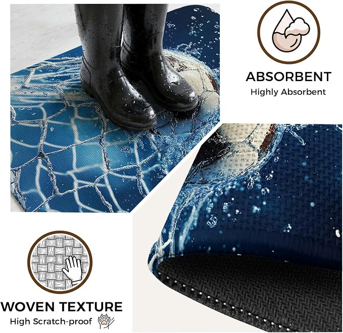 Soccer Ball Washable Area Rugs for Living Room Bedroom, Large Non Slip Indoor Floor Carpet Absorbent Low Pile Wet Net Power Shot Blue Football Door Mat Rugs for Bathroom Entryway 63"x78.7"