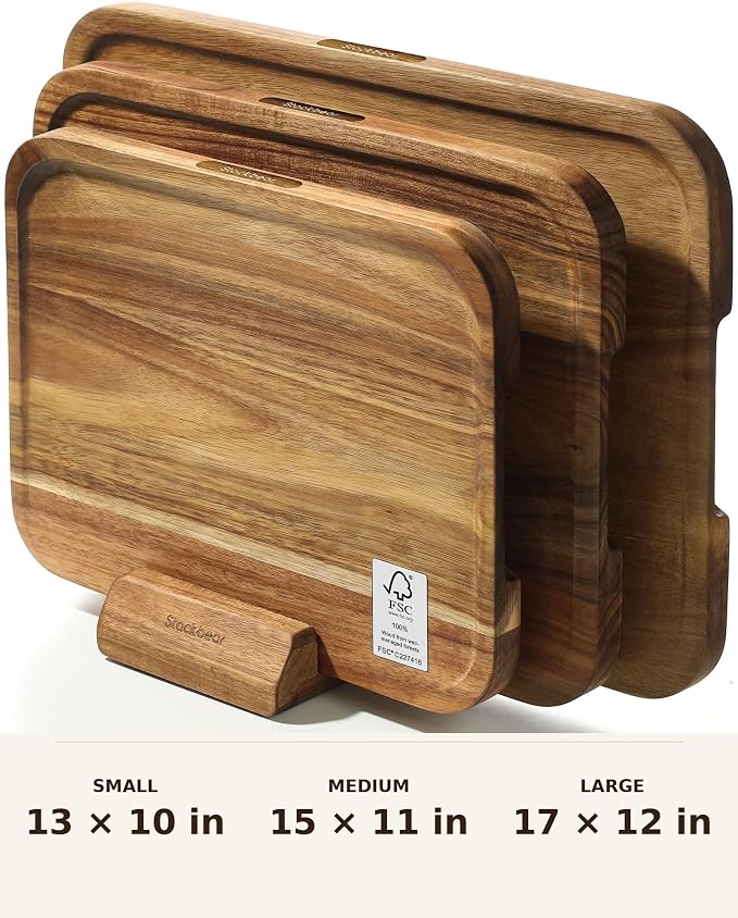 Starkbear Acacia Wood Cutting Board Set of 3 with Stand, Core-Cut Non Slip Wooden Chopping Block, Sloped Juice Groove Reversible Charcuterie Serving Tray for Modern Kitchen Gift