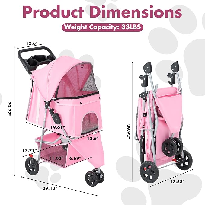 DUMOS 3 Wheels Pet Stroller for Small Dogs and Cats – Foldable Dog Stroller with Mesh Windows, Storage Basket & Cup Holder, Lightweight & Durable Pet Carrier for Travel, Outdoor Use – Pink