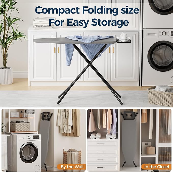 BEWISHOME Foldable Ironing Board,Compact Iron Board with Safety Iron Rest | and 7 Adjustable Heights , Ironing Stand with Cover and Pad for Heat Resistance, for Laundry Room 43" X 13" Grey KYB01B